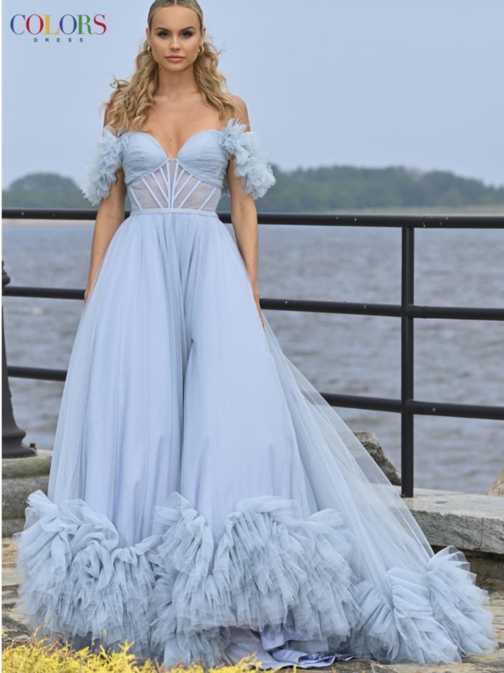 NWT Colors Dress Illusion Tulle Ruffles Blue Gown | Size 10 | #3485